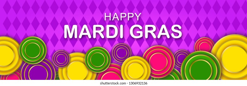 Happy Mardi Gras Party banner with a Lettering, 3d Carnival decorative floral elements, circles and purple geometric Mardigras pattern. Circus amusement poster. Funfair flyer. Vector illustration