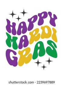 Feliz cita de Mardi Gras retro groovy tipografía ondulada sublimación sobre fondo blanco