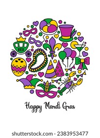 Happy Mardi Gras. Round composition of the carnival symbols