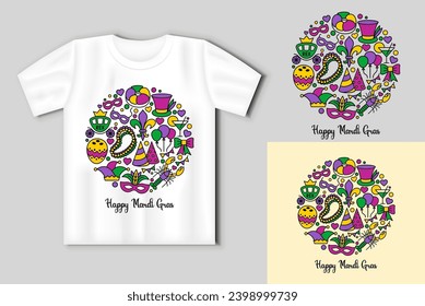 Happy Mardi Gras. Round composition of the carnival symbols. Mardi Gras concept with t-shirt mockup