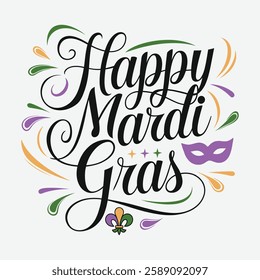  Happy Mardi Gras typography Design. Calligraphy Mardi Gras Celebration Party Vector illustration