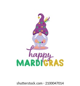 Happy Mardi Gras vector illustration with gnome and handwritten text. Cute elf drawing in flat style. Cartoon character. Design for holidays decoration, greeting cards, gift tags, t-shirt print