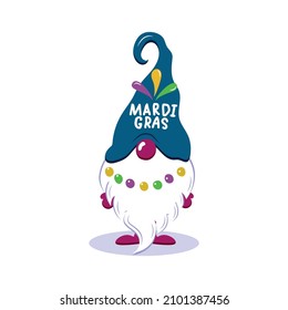 Happy Mardi Gras vector illustration with gnome and handwritten text. Cute elf drawing in flat style. Cartoon character. Design for holidays decoration, greeting cards, gift tags, t-shirt print