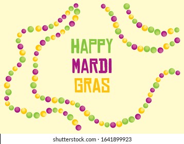 Happy Mardi Gras vector. Yellow, green and purple, colors of Mardi Gras. Colored beads vector. Mardi Gras Poster. Important day