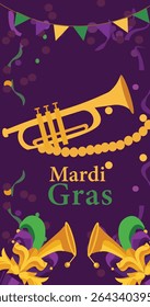 Happy Mardi Gras Vertical Banner Vector Set - Festive Carnival Masks, Beads and Confetti Illustrations