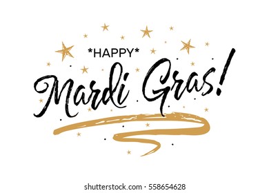 Happy Mardi Gras.Beautiful greeting card scratched calligraphy black text word gold stars.Hand drawn invitation T-shirt print design.Handwritten modern brush lettering white background isolated vector