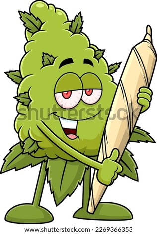 Happy Marijuana Bud Cartoon Character Holding A Big Joint. Vector Hand Drawn Illustration Isolated On Transparent Background