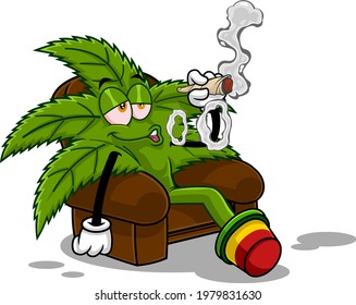 Happy Marijuana Leaf Cartoon Character Smoking A Joint. Vector Hand Drawn Illustration Isolated On Transparent Background