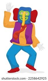 Happy Marimonda, a traditional character of Barranquilla's Carnival with happy gesture and colorful disguise. Design isolated in cartoon style.