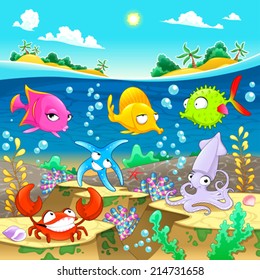 Happy marine family under the sea. Vector and cartoon illustration