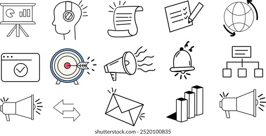 Happy Marketing  icon set, market related png for presentation,Hand drawn picture set,sales report clip-art pack. 