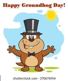 Happy Marmot Cartoon Character With Open Arms In Groundhog Day. Vector Illustration With Background And Text