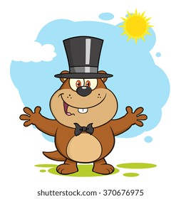 Happy Marmot Cartoon Character With Open Arms In Groundhog Day. Vector Illustration With Background