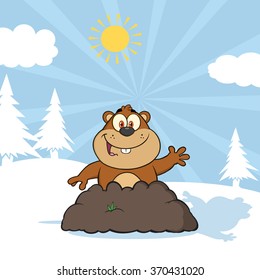 Happy Marmot Cartoon Character Waving In Groundhog Day. Vector Illustration With Background