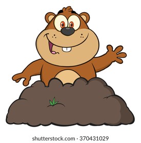 Happy Marmot Cartoon Character Waving In Groundhog Day. Vector Illustration Isolated On White