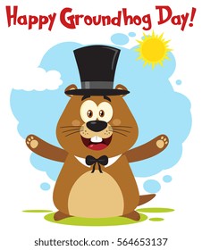 Happy Marmot Cartoon Mascot Character Wearing A Cylinder Hat And Welcoming With Text And Sunshine. Vector Illustration Flat Design With Background Isolated On White