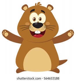 Happy Marmot Cartoon Mascot Character With Open Arms. Vector Illustration Flat Design Isolated On White Background