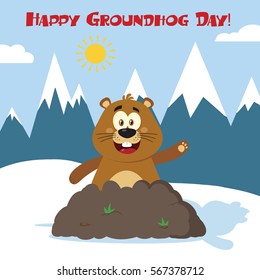 Happy Marmot Cartoon Mascot Character Waving In Groundhog Day. Vector Illustration Flat Design With Background And Text Happy Groundhog Day