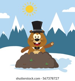 Happy Marmot Cartoon Mascot Character With Cylinder Hat Waving In Groundhog Day. Vector Illustration Flat Design With Background