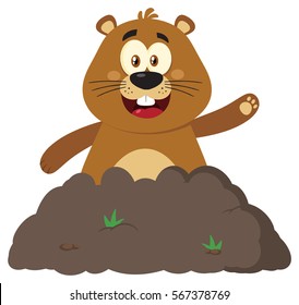 Happy Marmot Cartoon Mascot Character Waving In Groundhog Day. Vector Illustration Flat Design Isolated On White Background