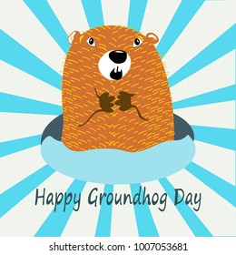 Happy marmot day. A drawing on a blue striped radiant background.