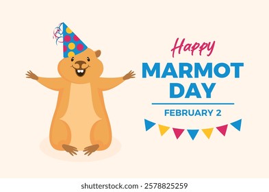 Happy Marmot Day poster vector illustration. Cute smiling marmot animal with party hat cartoon character. Cheerful happy celebrating marmota icon. Template for background, banner, card. February 2.