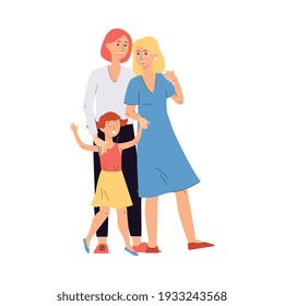 Happy marriage couple with kid girl. Family relationship, parenthood and child care. Vector flat illustration on a white background