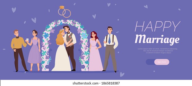 Happy marriage horizontal lilac background web banner with wedding ceremony flower arch kissing couple guests vector illustration 