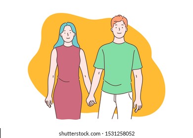 Happy marriage and romantic relationships, man and woman understanding and respect, strong family bond concept. Couple holding hands, boyfriend and girlfriend dating. Simple flat vector