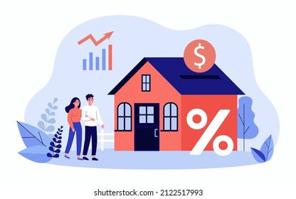 Feliz matrimonio, pareja de caricaturas comprando casa. Esposo y esposa invirtiendo en la ilustración de vectores planos de bienes raíces. Familia, inversión, concepto de hipoteca para banner, diseño de sitio web o página web de aterrizaje