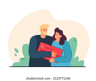 Happy married couple with big credit card. Husband and wife taking loan or mortgage from bank flat vector illustration. Family budget, banking, wealth concept for banner or landing web page