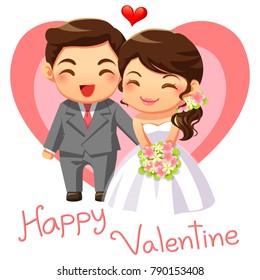 Happy married couple character cartoon and big red heart in the back, vector illustration