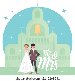 Happy married couple characters near a castle building Wedding template Vector