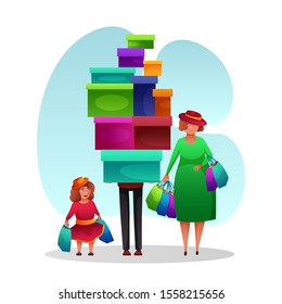 Happy married couple with child after shopping. Cartoon funny family characters. Father carrying big stack of purchases in cupboard boxes. Mother and daughter holding bags. Vector flat illustration