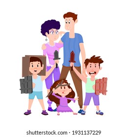 Happy married couple with children boy and girl - flat characters.