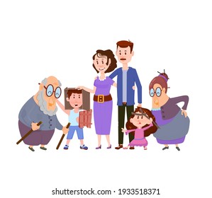 Happy married couple with children boy and girl and grandmother, grandfather - flat characters.