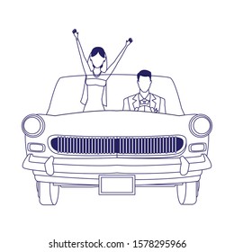 happy married couple in a classic car over white background, vector illustration