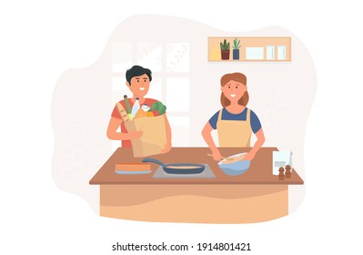 Happy married couple cooks pancakes together vector flat illustration. A woman is stirring the dough, a man brought food from the store. Home delivery. People prepare healthy food on the kitchen table