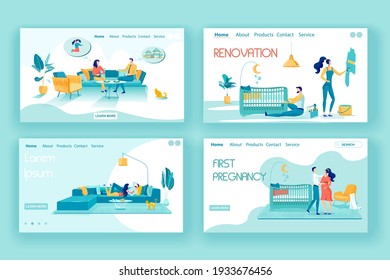 Happy Married Couple in Daily Routine Flat Landing Page Set. Man and Woman Characters Planning Family Creation, Buying New House and Renovation, Pregnancy and Childbirth. Vector Illustration