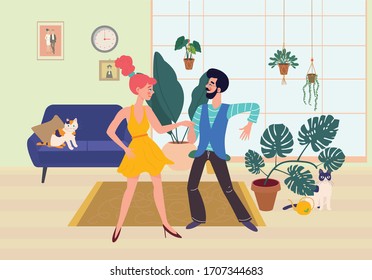 Happy Married Couple Dancing  Spending Time Together At Home. Family Spending Time Together In Cozy Modern Living Room, Staycation.