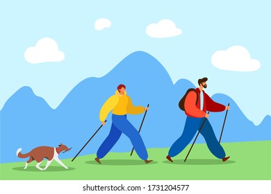 Feliz pareja casada con un perro se comprometen en la marcha nórdica sobre un fondo montañoso. Ilustración de entrenamientos deportivos para actividades al aire libre y estilo de vida saludable.