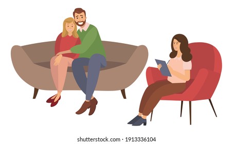 Happy married couple on couch and female psychologist or psychotherapist sitting in front of them. Resolved family conflict, relationship problem, reconciliation. Flat cartoon vector illustration.