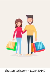 Happy married couple on shopping. Man and woman with bags. Big Sale. Vector illustration, flat design in a cartoon style