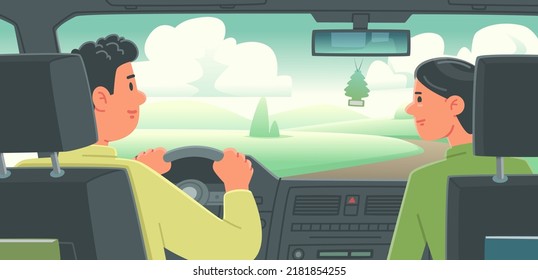 Happy married couple is traveling by car. Man and woman inside the vehicle rear view. Vector illustration in flat style