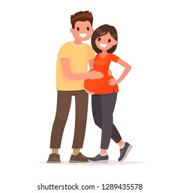 Happy married couple waiting for a child. A man hugs a pregnant woman. Husband and wife. Pregnancy. Vector illustration in flat style