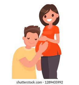 Happy married couple waiting for a child. A man embraces the belly of a pregnant woman. Husband and wife. Pregnancy. Vector illustration in flat style