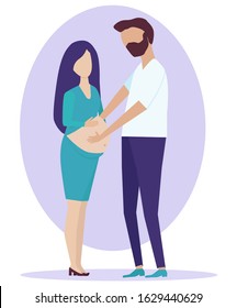 Happy married couple waiting for a child. A man hugs a pregnant woman. Husband and wife. Pregnancy. Vector illustration in flat style on white background. Pregnancy, love.