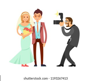 Happy married couple and wedding photographer vector isolated. Bride in long dress and bouquet of flowers and groom in brown suit with bow, cameraman