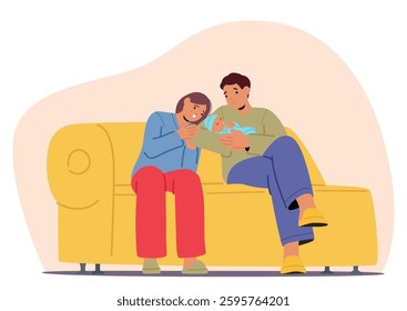 Happy married man and woman parents characters holding lovely newborn baby sitting on home sofa enjoying family bonding cartoon scene. Childbirth, parenting and happiness vector illustration