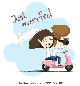 Happy married newlyweds couple on a moped  vector illustration. Cartoon style wedding invitation card